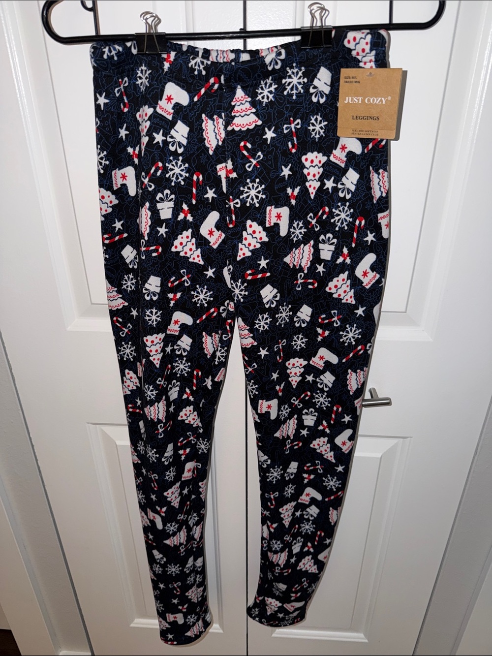 Just Cozy Holiday Print Fleece Lined Leggings - Navy with White & Red